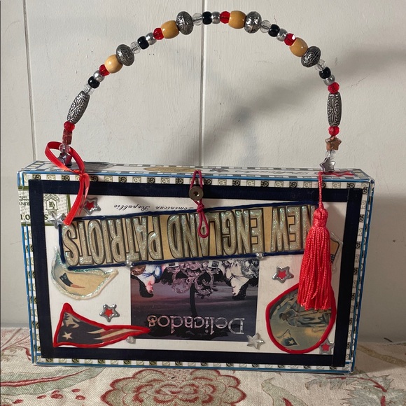 New England Patriots OOAK Multicolor Decoupage Cigar Box Clutch Beaded Handle - Picture 1 of 16